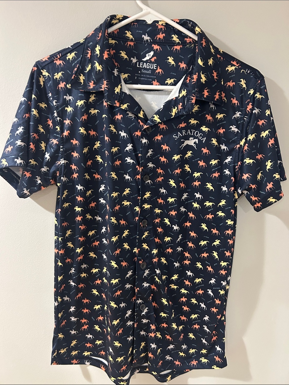 League Navy Polo with Multicolor Horse Print